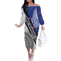 Fiji an Samoa Rugby Custom Family Matching Off The Shoulder Long Sleeve Dress and Hawaiian Shirt Flying Fijians Manu Samoa Together Pacific LT14 Mom's Dress Blue - Polynesian Pride