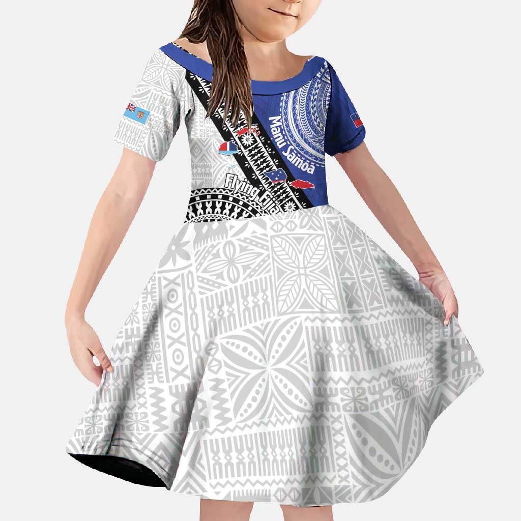 Fiji an Samoa Rugby Custom Family Matching Off Shoulder Maxi Dress and Hawaiian Shirt Flying Fijians Manu Samoa Together Pacific LT14 Daughter's Dress Blue - Polynesian Pride