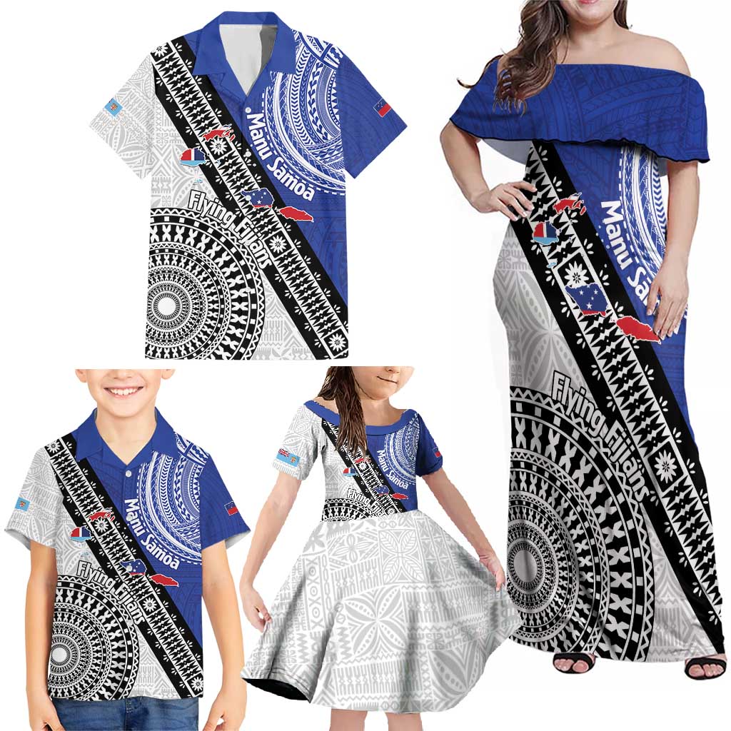 Fiji an Samoa Rugby Custom Family Matching Off Shoulder Maxi Dress and Hawaiian Shirt Flying Fijians Manu Samoa Together Pacific LT14 - Polynesian Pride