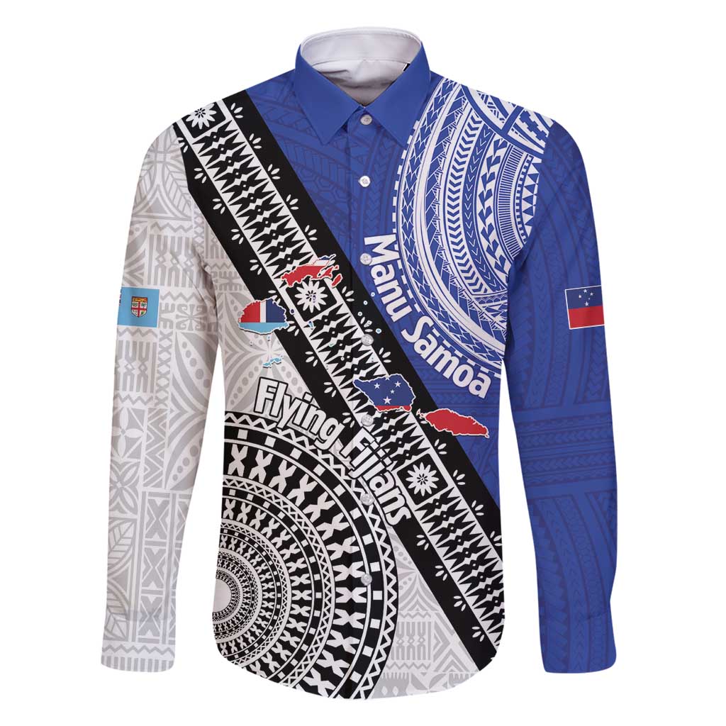 Fiji an Samoa Rugby Custom Family Matching Off Shoulder Maxi Dress and Hawaiian Shirt Flying Fijians Manu Samoa Together Pacific LT14 Dad's Shirt - Long Sleeve Blue - Polynesian Pride