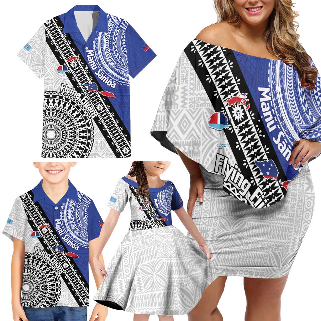 Fiji an Samoa Rugby Custom Family Matching Off Shoulder Short Dress and Hawaiian Shirt Flying Fijians Manu Samoa Together Pacific LT14 - Polynesian Pride
