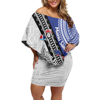 Fiji an Samoa Rugby Custom Family Matching Off Shoulder Short Dress and Hawaiian Shirt Flying Fijians Manu Samoa Together Pacific LT14 Mom's Dress Blue - Polynesian Pride
