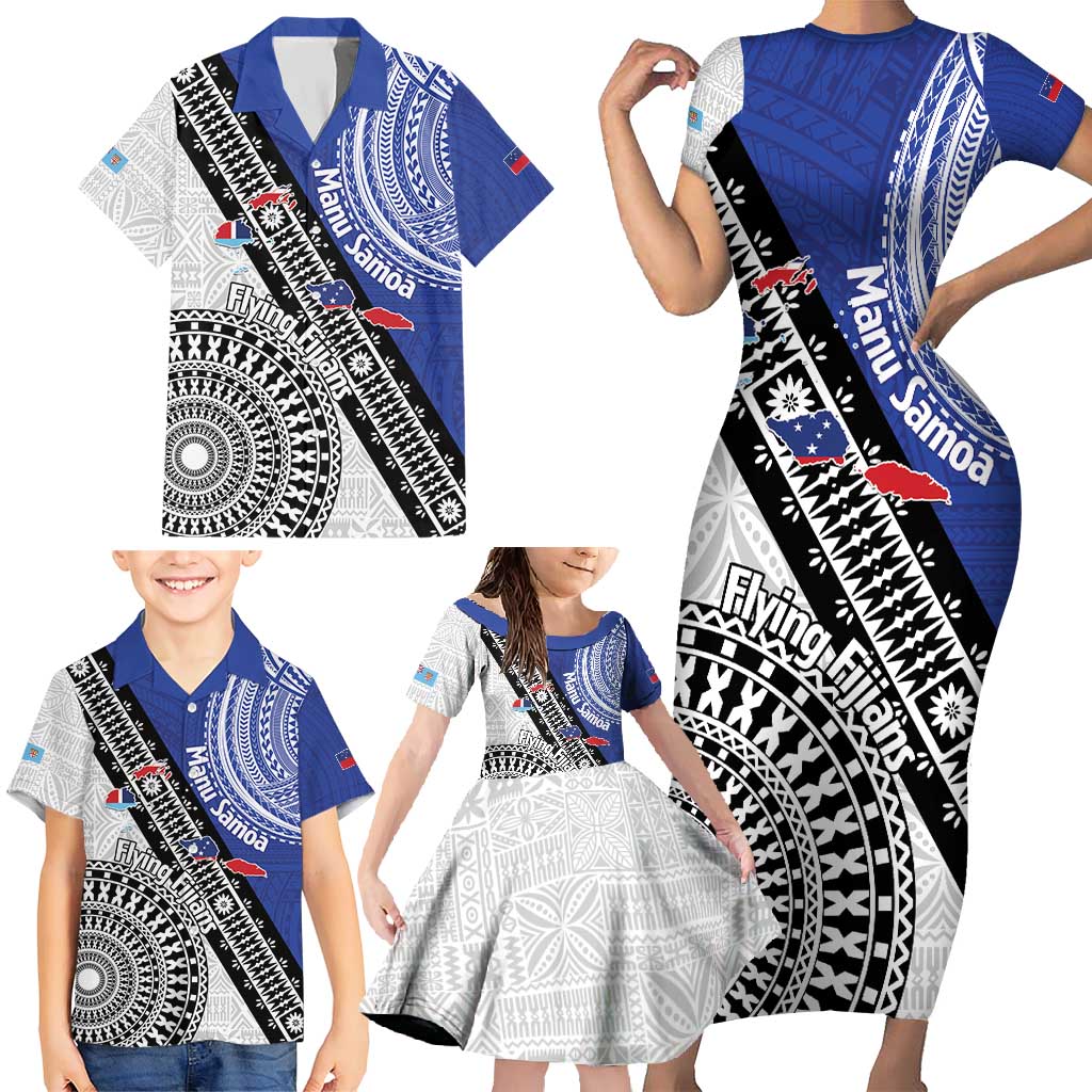 Fiji an Samoa Rugby Custom Family Matching Short Sleeve Bodycon Dress and Hawaiian Shirt Flying Fijians Manu Samoa Together Pacific LT14 - Polynesian Pride