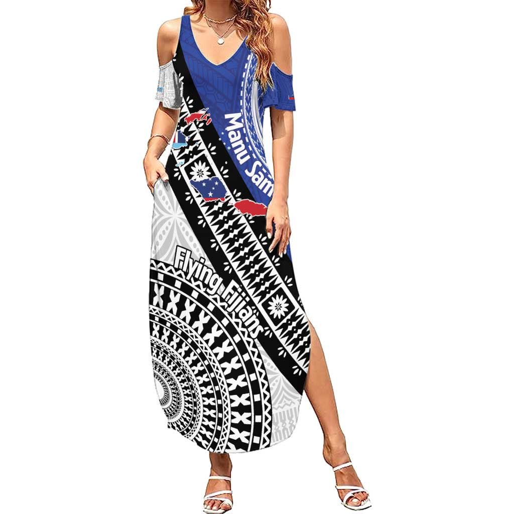 Fiji an Samoa Rugby Custom Family Matching Summer Maxi Dress and Hawaiian Shirt Flying Fijians Manu Samoa Together Pacific LT14 Mom's Dress Blue - Polynesian Pride
