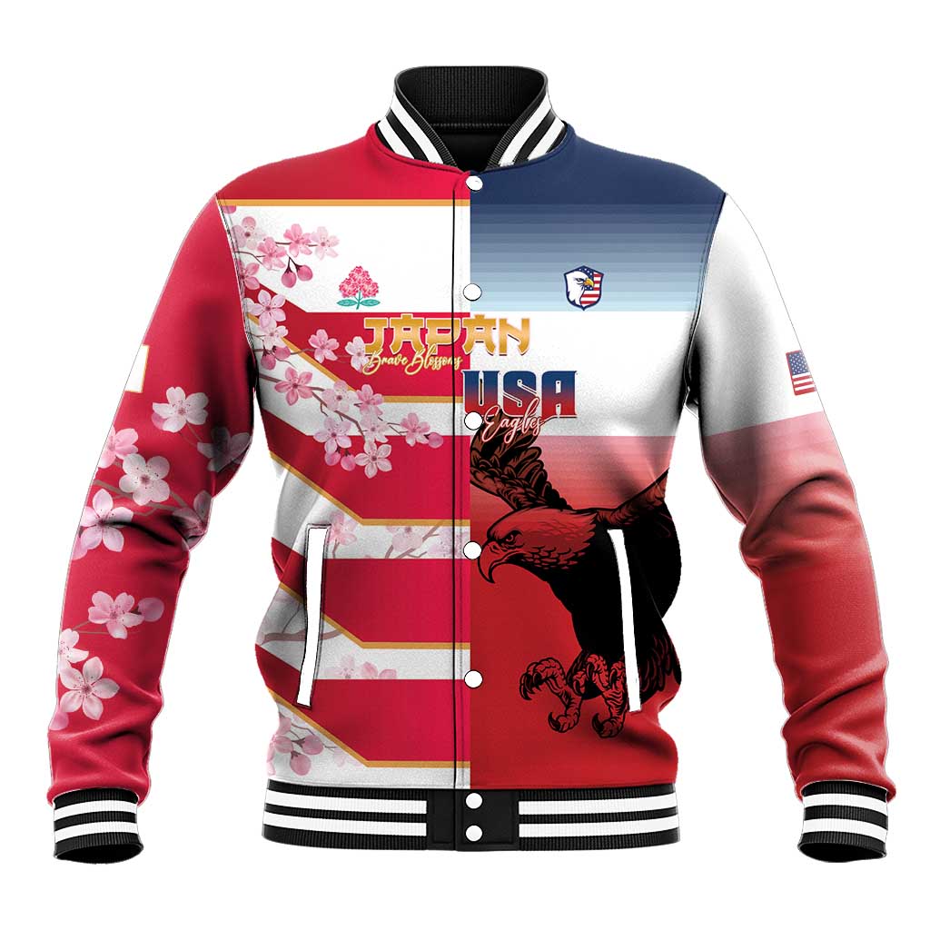 USA and Japan Rugby Custom Baseball Jacket Eagles Brave Blossoms Together Pacific - Polynesian Pride