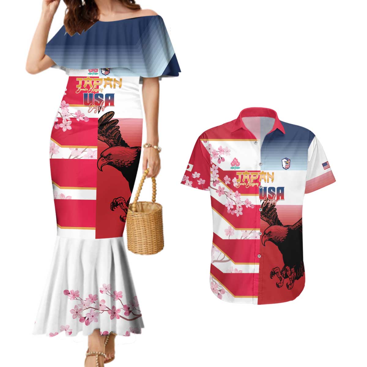 USA and Japan Rugby Custom Couples Matching Mermaid Dress and Hawaiian Shirt Eagles Brave Blossoms Together Pacific - Polynesian Pride