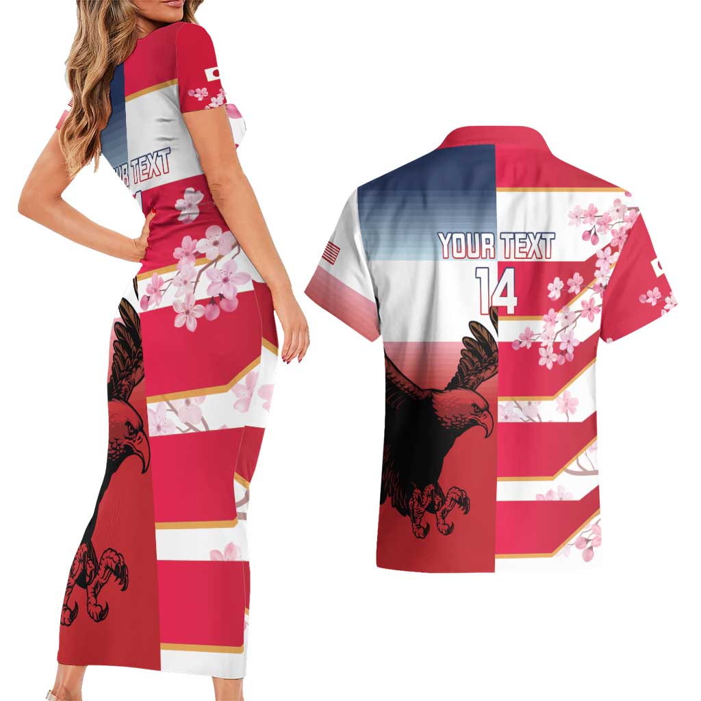 USA and Japan Rugby Custom Couples Matching Short Sleeve Bodycon Dress and Hawaiian Shirt Eagles Brave Blossoms Together Pacific - Polynesian Pride