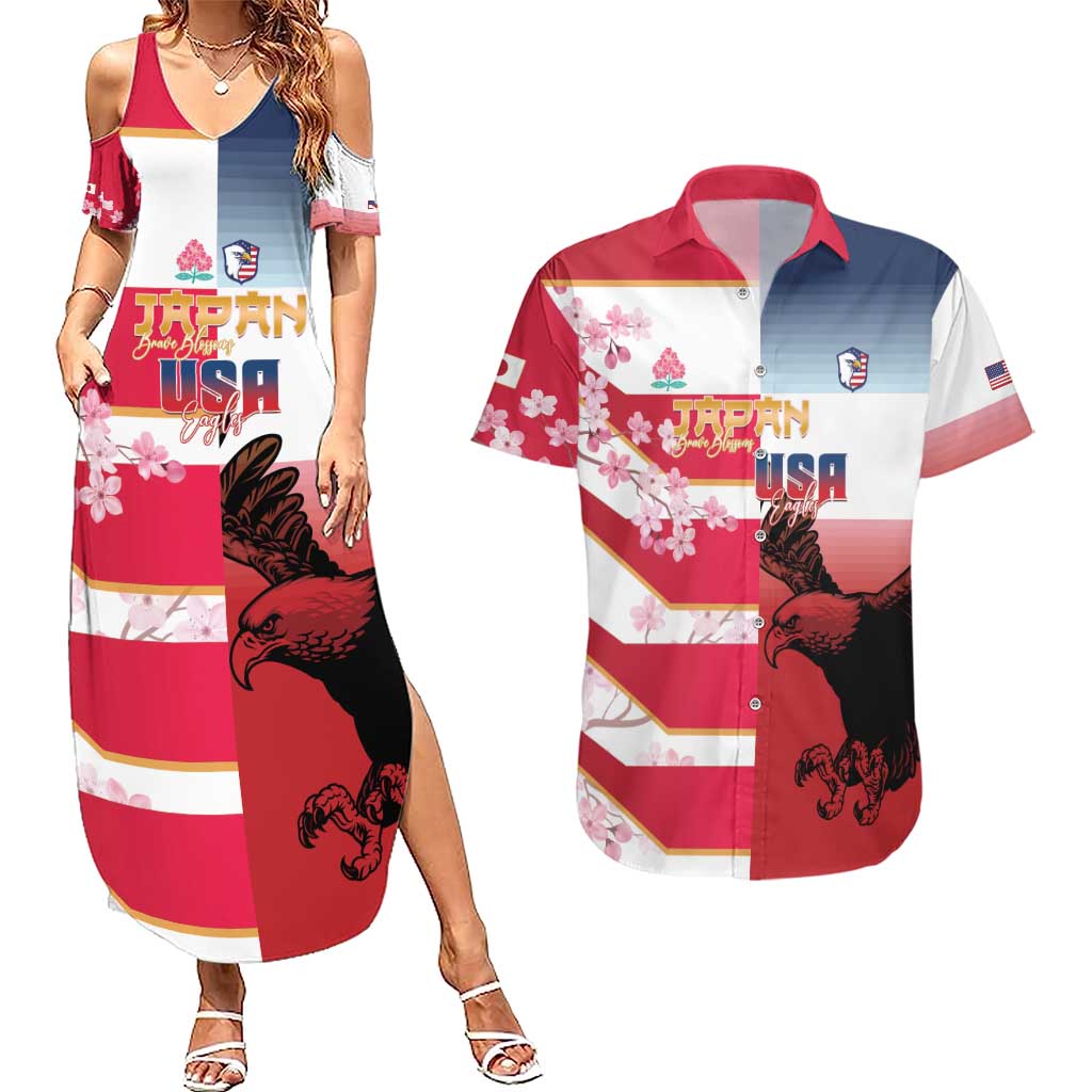 USA and Japan Rugby Custom Couples Matching Summer Maxi Dress and Hawaiian Shirt Eagles Brave Blossoms Together Pacific - Polynesian Pride