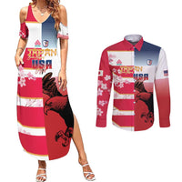 USA and Japan Rugby Custom Couples Matching Summer Maxi Dress and Long Sleeve Button Shirt Eagles Brave Blossoms Together Pacific - Polynesian Pride