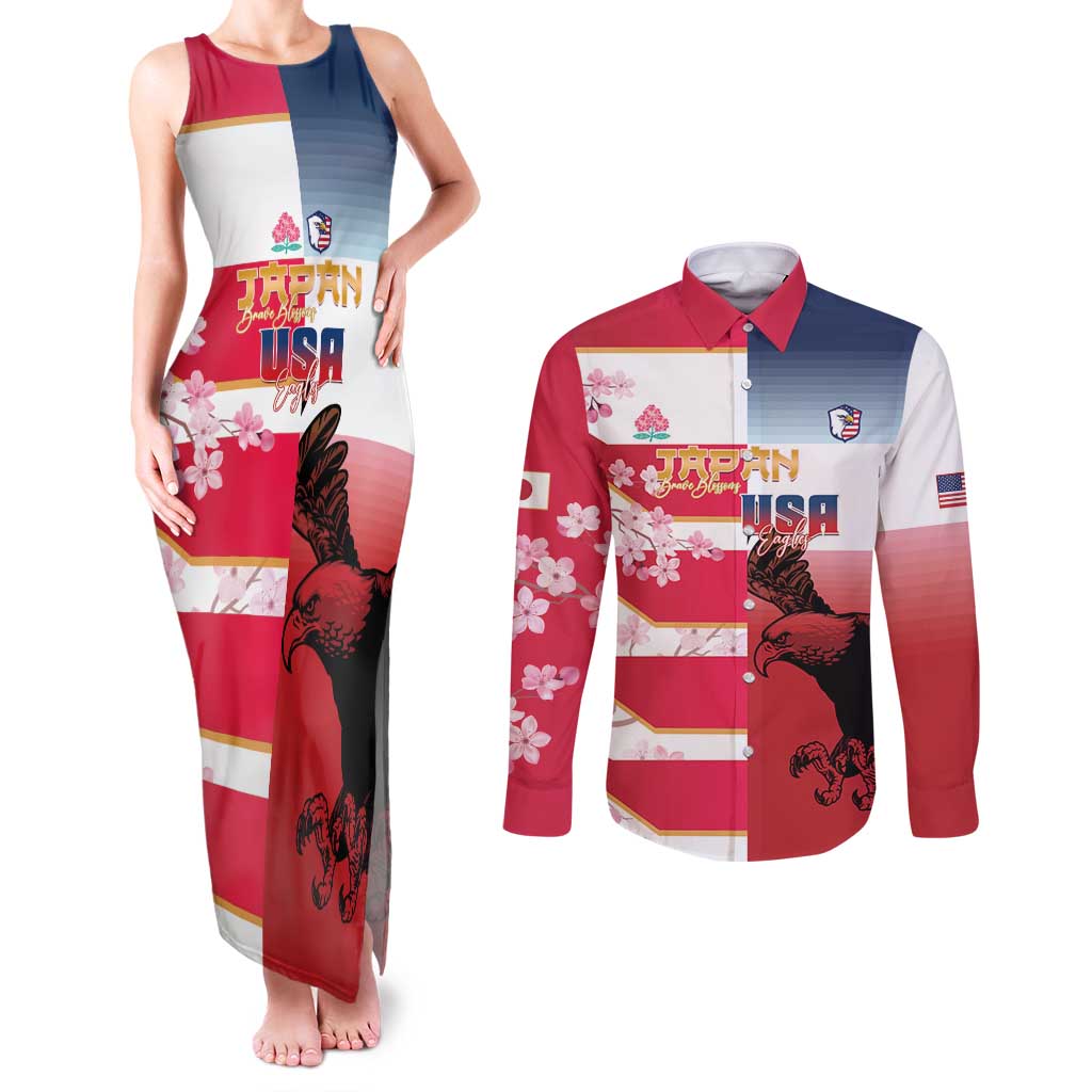 USA and Japan Rugby Custom Couples Matching Tank Maxi Dress and Long Sleeve Button Shirt Eagles Brave Blossoms Together Pacific - Polynesian Pride