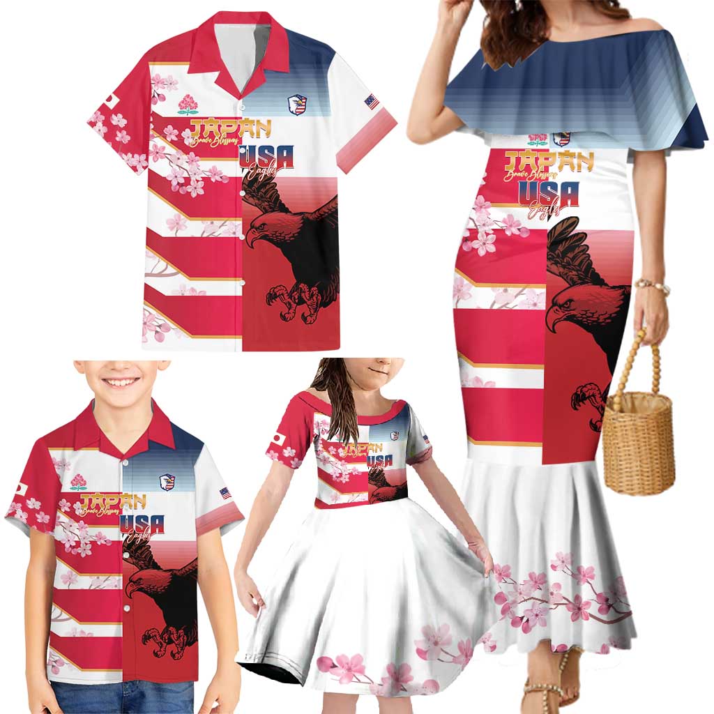 USA and Japan Rugby Custom Family Matching Mermaid Dress and Hawaiian Shirt Eagles Brave Blossoms Together Pacific LT14 - Polynesian Pride