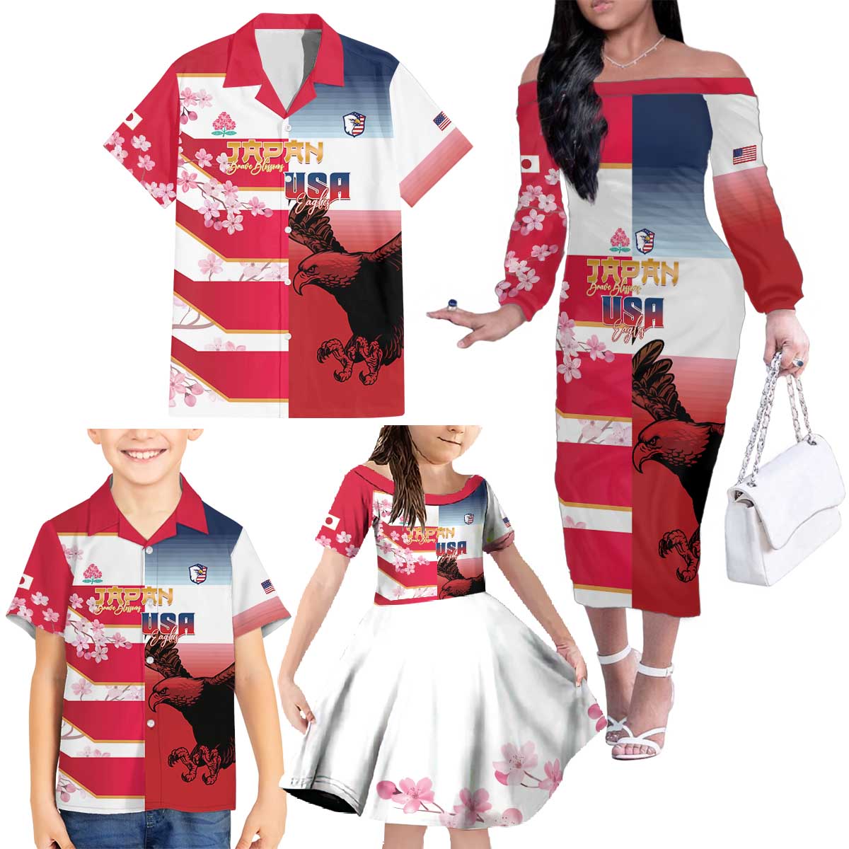 USA and Japan Rugby Custom Family Matching Off The Shoulder Long Sleeve Dress and Hawaiian Shirt Eagles Brave Blossoms Together Pacific - Polynesian Pride