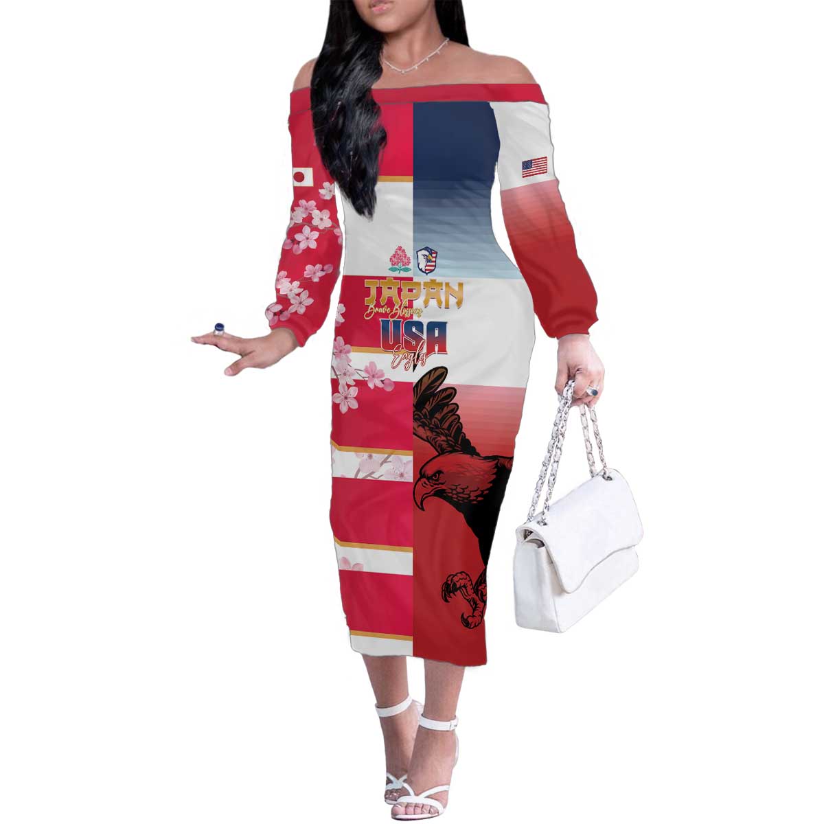 USA and Japan Rugby Custom Family Matching Off The Shoulder Long Sleeve Dress and Hawaiian Shirt Eagles Brave Blossoms Together Pacific LT14 Mom's Dress Red - Polynesian Pride