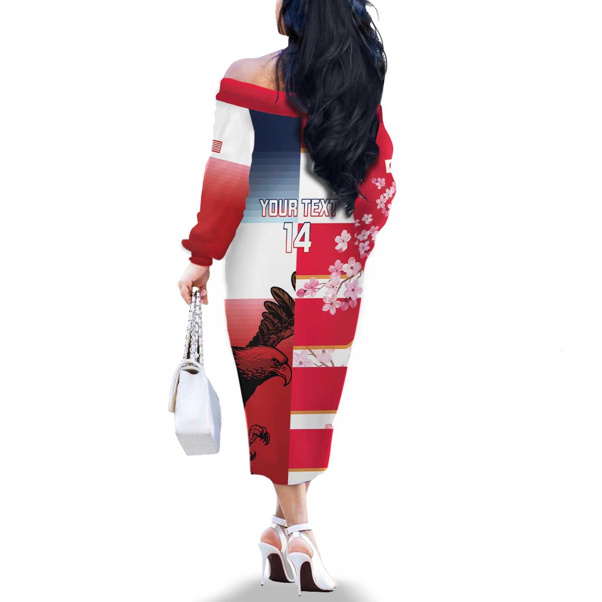 USA and Japan Rugby Custom Family Matching Off The Shoulder Long Sleeve Dress and Hawaiian Shirt Eagles Brave Blossoms Together Pacific LT14 - Polynesian Pride