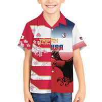 USA and Japan Rugby Custom Family Matching Off The Shoulder Long Sleeve Dress and Hawaiian Shirt Eagles Brave Blossoms Together Pacific LT14 Son's Shirt Red - Polynesian Pride
