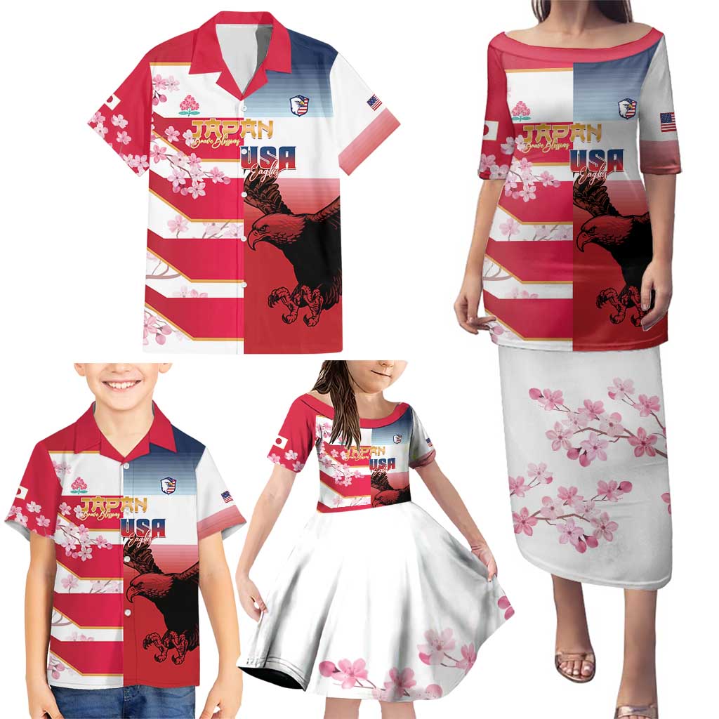 USA and Japan Rugby Custom Family Matching Puletasi and Hawaiian Shirt Eagles Brave Blossoms Together Pacific - Polynesian Pride