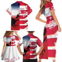 USA and Japan Rugby Custom Family Matching Short Sleeve Bodycon Dress and Hawaiian Shirt Eagles Brave Blossoms Together Pacific LT14 - Polynesian Pride
