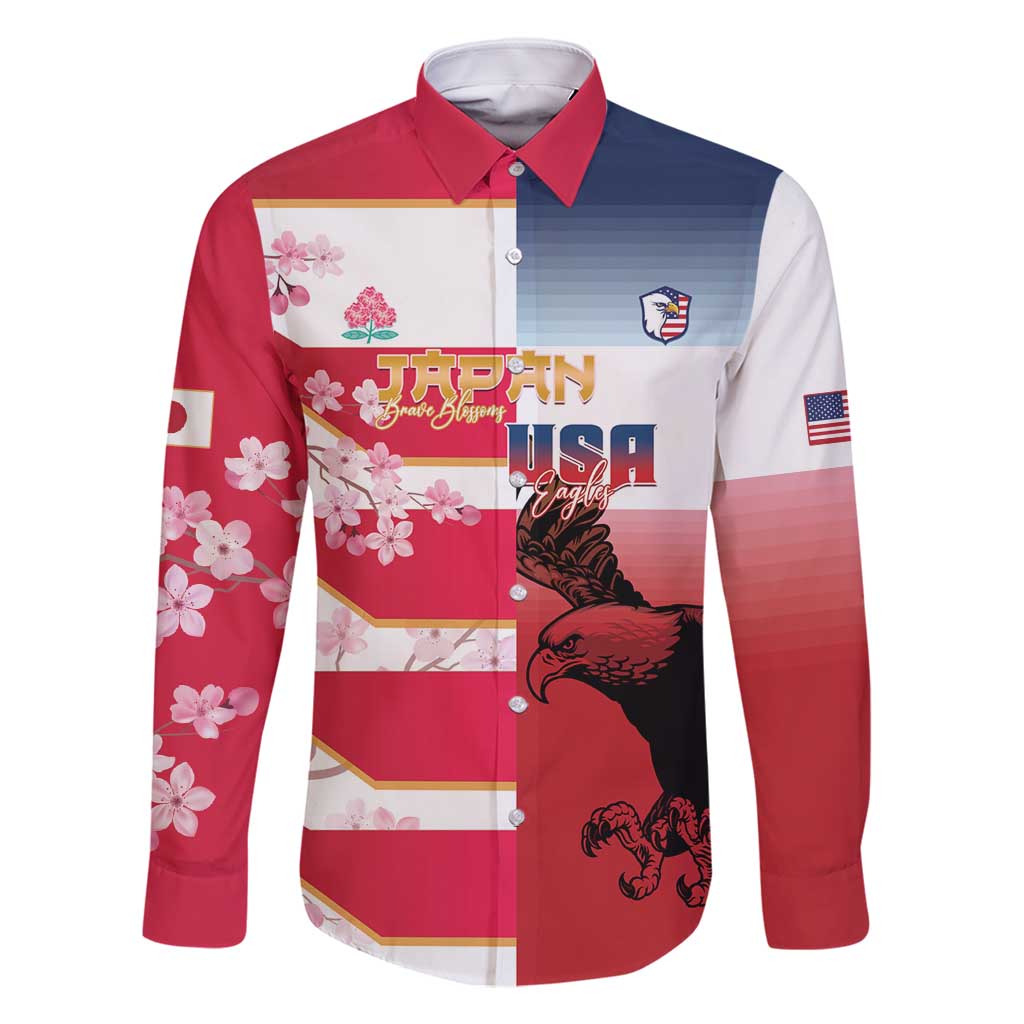 USA and Japan Rugby Custom Family Matching Summer Maxi Dress and Hawaiian Shirt Eagles Brave Blossoms Together Pacific LT14 Dad's Shirt - Long Sleeve Red - Polynesian Pride
