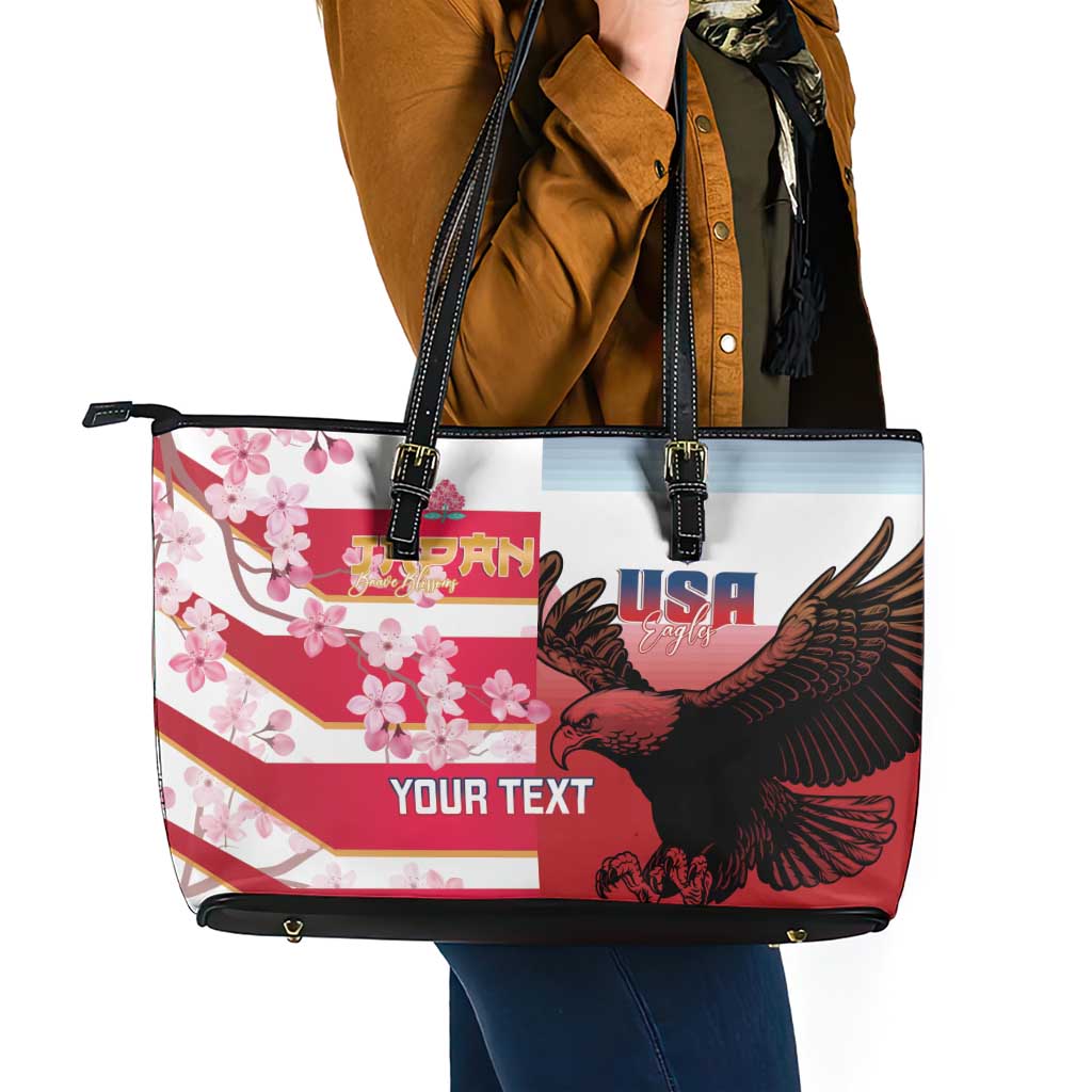 USA and Japan Rugby Custom Leather Tote Bag Eagles Brave Blossoms Together Pacific - Polynesian Pride