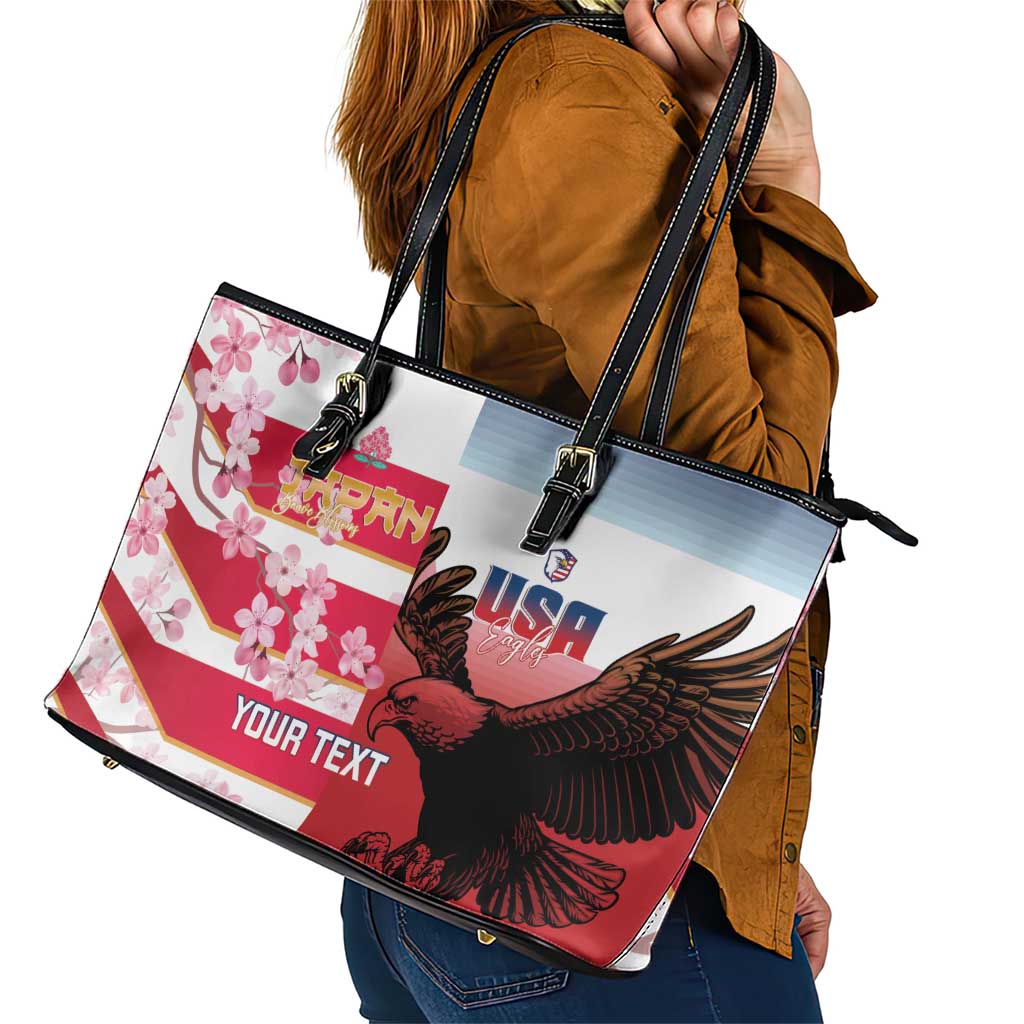 USA and Japan Rugby Custom Leather Tote Bag Eagles Brave Blossoms Together Pacific - Polynesian Pride