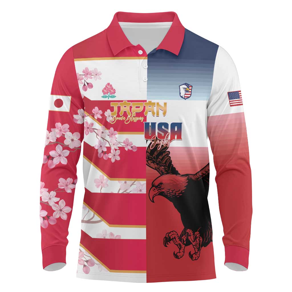 USA and Japan Rugby Custom Long Sleeve Polo Shirt Eagles Brave Blossoms Together Pacific - Polynesian Pride