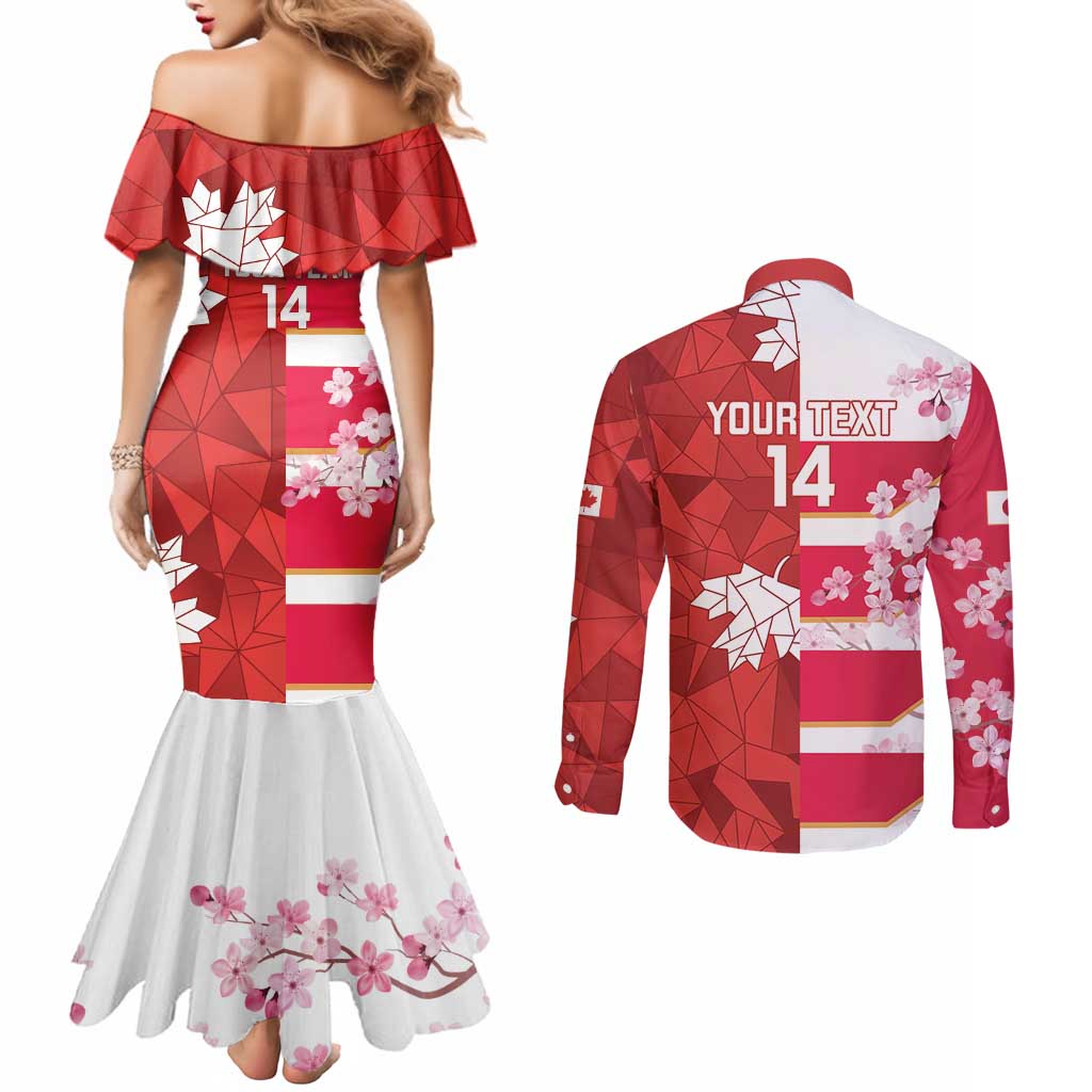 Canada and Japan Rugby Custom Couples Matching Mermaid Dress and Long Sleeve Button Shirt Canucks Brave Blossoms Together Pacific - Polynesian Pride
