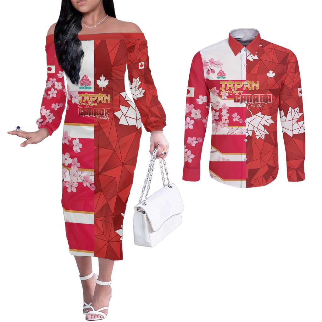 Canada and Japan Rugby Custom Couples Matching Off The Shoulder Long Sleeve Dress and Long Sleeve Button Shirt Canucks Brave Blossoms Together Pacific - Polynesian Pride