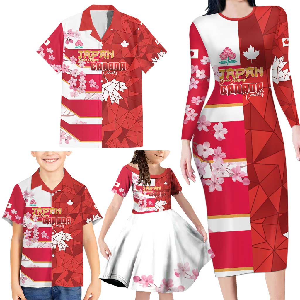 Canada and Japan Rugby Custom Family Matching Long Sleeve Bodycon Dress and Hawaiian Shirt Canucks Brave Blossoms Together Pacific LT14 - Polynesian Pride