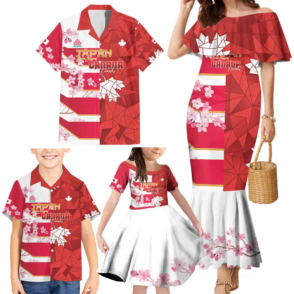 Canada and Japan Rugby Custom Family Matching Mermaid Dress and Hawaiian Shirt Canucks Brave Blossoms Together Pacific - Polynesian Pride