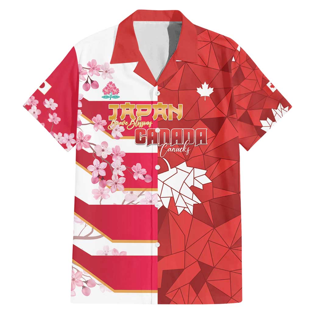 Canada and Japan Rugby Custom Family Matching Mermaid Dress and Hawaiian Shirt Canucks Brave Blossoms Together Pacific LT14 Dad's Shirt - Short Sleeve Red - Polynesian Pride