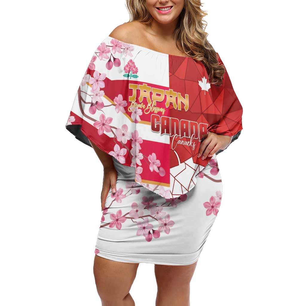 Canada and Japan Rugby Custom Family Matching Off Shoulder Short Dress and Hawaiian Shirt Canucks Brave Blossoms Together Pacific LT14 Mom's Dress Red - Polynesian Pride
