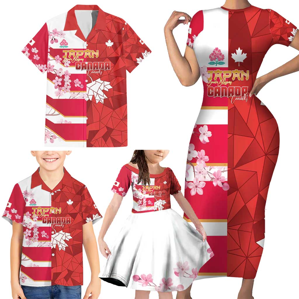 Canada and Japan Rugby Custom Family Matching Short Sleeve Bodycon Dress and Hawaiian Shirt Canucks Brave Blossoms Together Pacific - Polynesian Pride