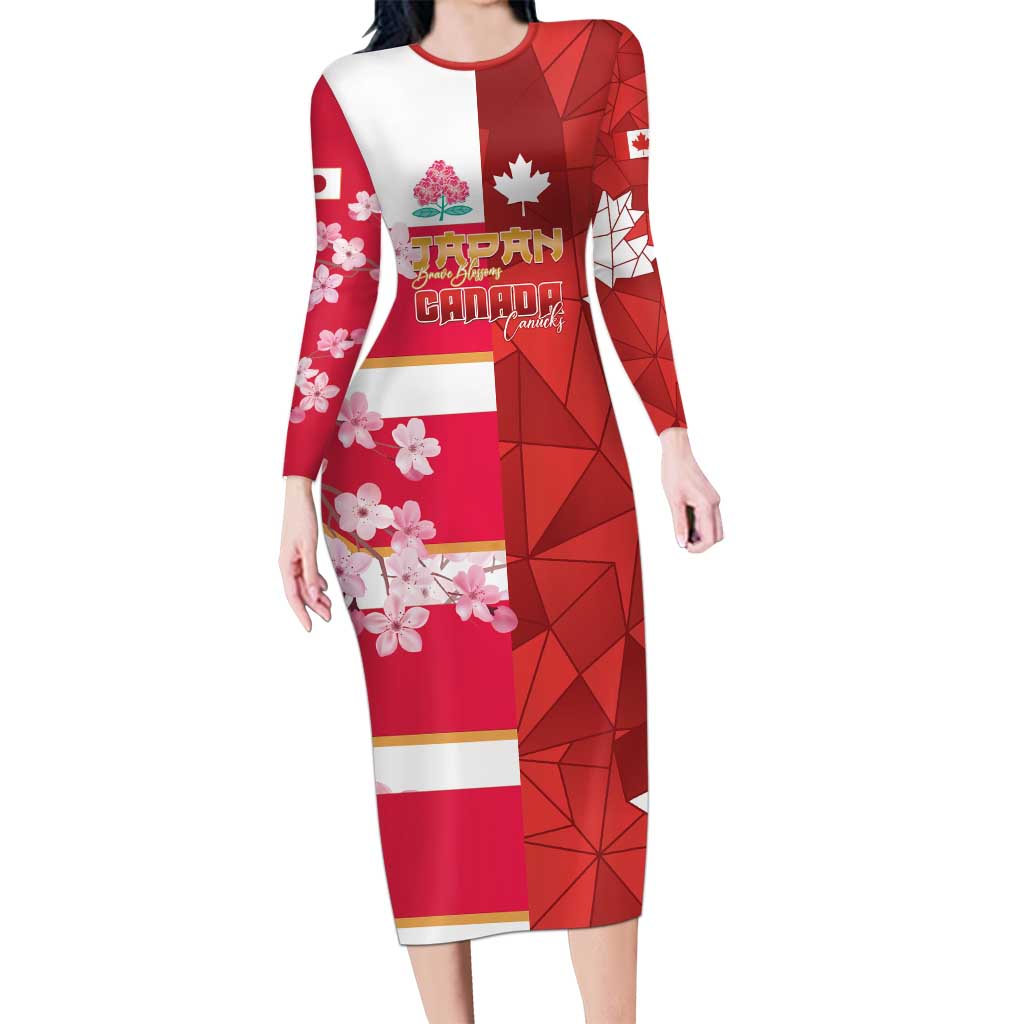 Canada and Japan Rugby Custom Long Sleeve Bodycon Dress Canucks Brave Blossoms Together Pacific - Polynesian Pride