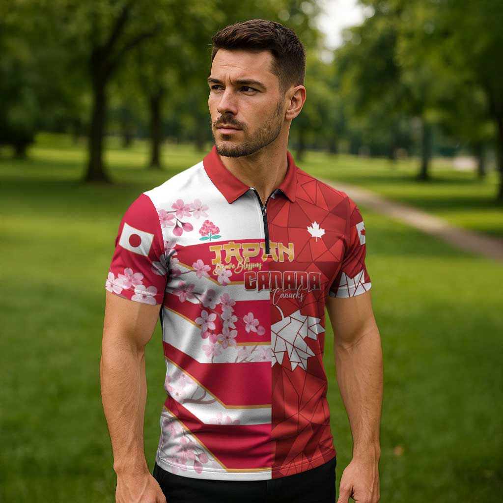 Canada and Japan Rugby Custom Zipper Polo Shirt Canucks Brave Blossoms Together Pacific - Polynesian Pride