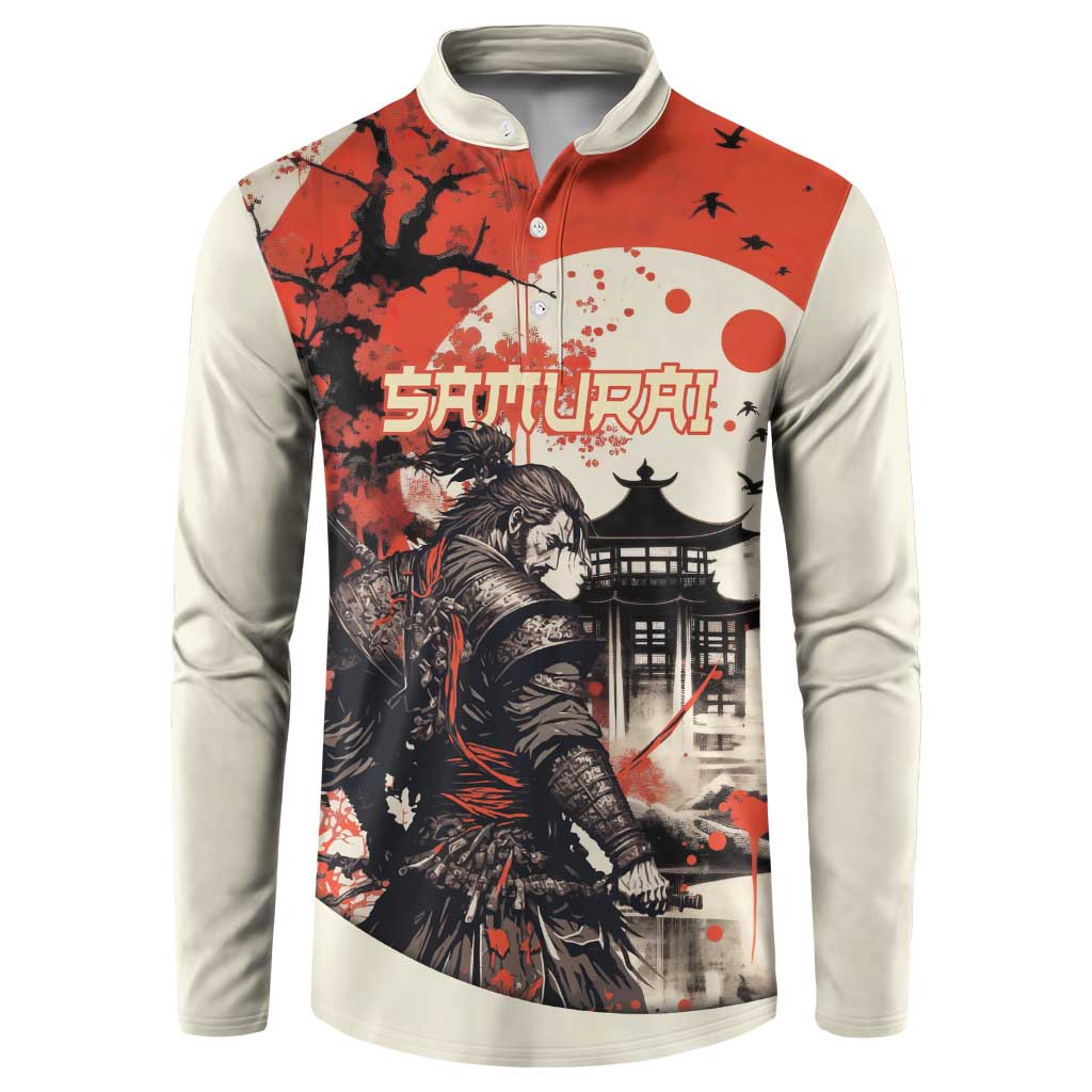 Samurai Warrior Japan Button Sweatshirt Red-blossomed Tree Classic Japanese Stylized - Polynesian Pride