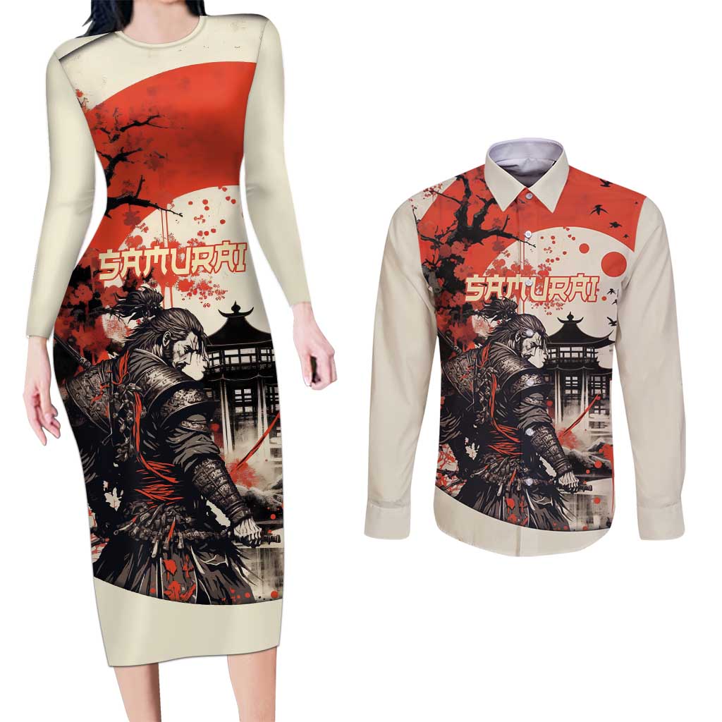 Samurai Warrior Japan Couples Matching Long Sleeve Bodycon Dress and Long Sleeve Button Shirt Red-blossomed Tree Classic Japanese Stylized - Polynesian Pride