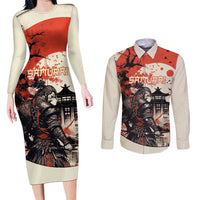 Samurai Warrior Japan Couples Matching Long Sleeve Bodycon Dress and Long Sleeve Button Shirt Red-blossomed Tree Classic Japanese Stylized - Polynesian Pride