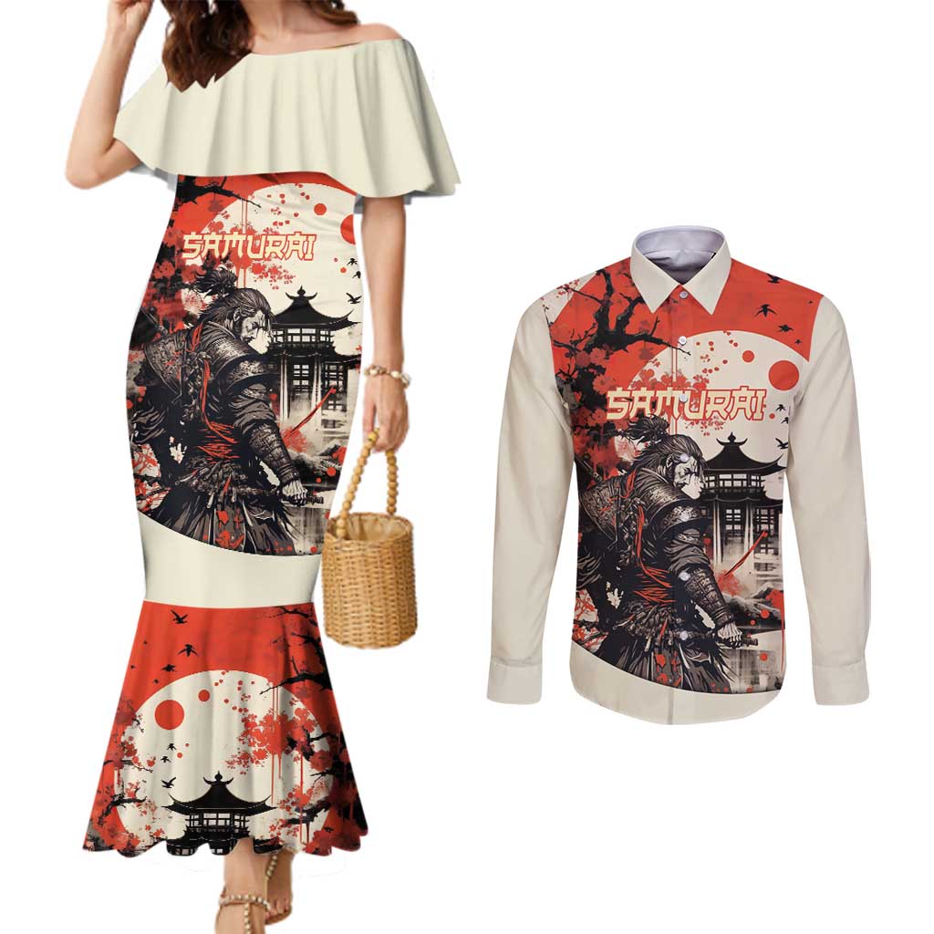 Samurai Warrior Japan Couples Matching Mermaid Dress and Long Sleeve Button Shirt Red-blossomed Tree Classic Japanese Stylized - Polynesian Pride