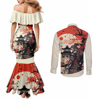 Samurai Warrior Japan Couples Matching Mermaid Dress and Long Sleeve Button Shirt Red-blossomed Tree Classic Japanese Stylized - Polynesian Pride