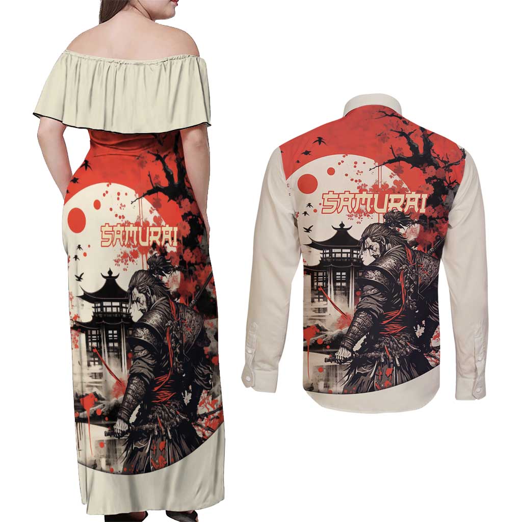 Samurai Warrior Japan Couples Matching Off Shoulder Maxi Dress and Long Sleeve Button Shirt Red-blossomed Tree Classic Japanese Stylized - Polynesian Pride