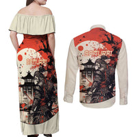 Samurai Warrior Japan Couples Matching Off Shoulder Maxi Dress and Long Sleeve Button Shirt Red-blossomed Tree Classic Japanese Stylized - Polynesian Pride