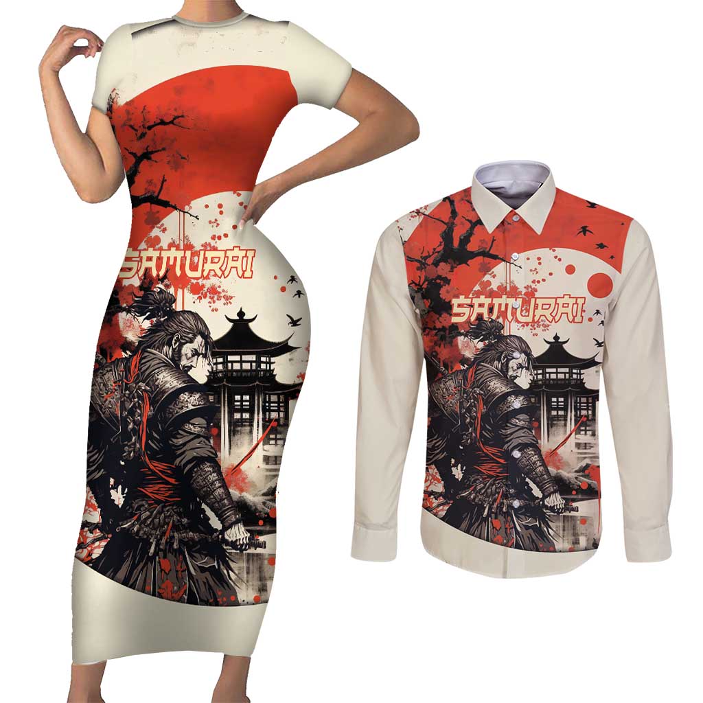 Samurai Warrior Japan Couples Matching Short Sleeve Bodycon Dress and Long Sleeve Button Shirt Red-blossomed Tree Classic Japanese Stylized - Polynesian Pride