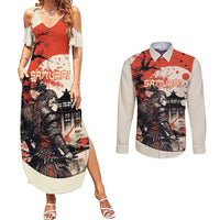 Samurai Warrior Japan Couples Matching Summer Maxi Dress and Long Sleeve Button Shirt Red-blossomed Tree Classic Japanese Stylized - Polynesian Pride