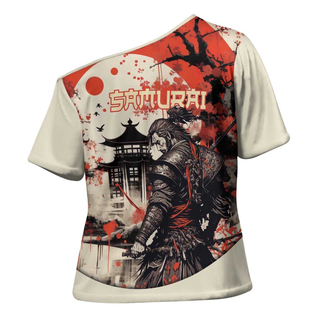 Samurai Warrior Japan Cross Shoulder Shirt Red-blossomed Tree Classic Japanese Stylized - Polynesian Pride