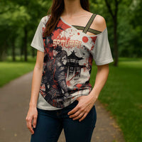 Samurai Warrior Japan Cross Shoulder Shirt Red-blossomed Tree Classic Japanese Stylized - Polynesian Pride