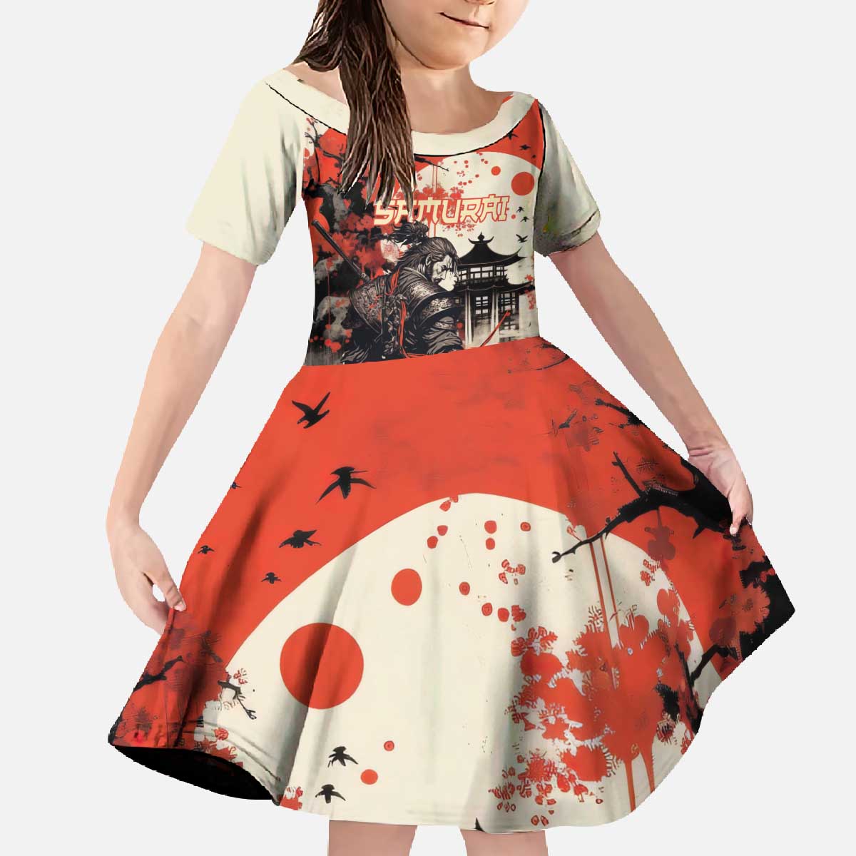 Samurai Warrior Japan Family Matching Off The Shoulder Long Sleeve Dress and Hawaiian Shirt Red-blossomed Tree Classic Japanese Stylized - Polynesian Pride