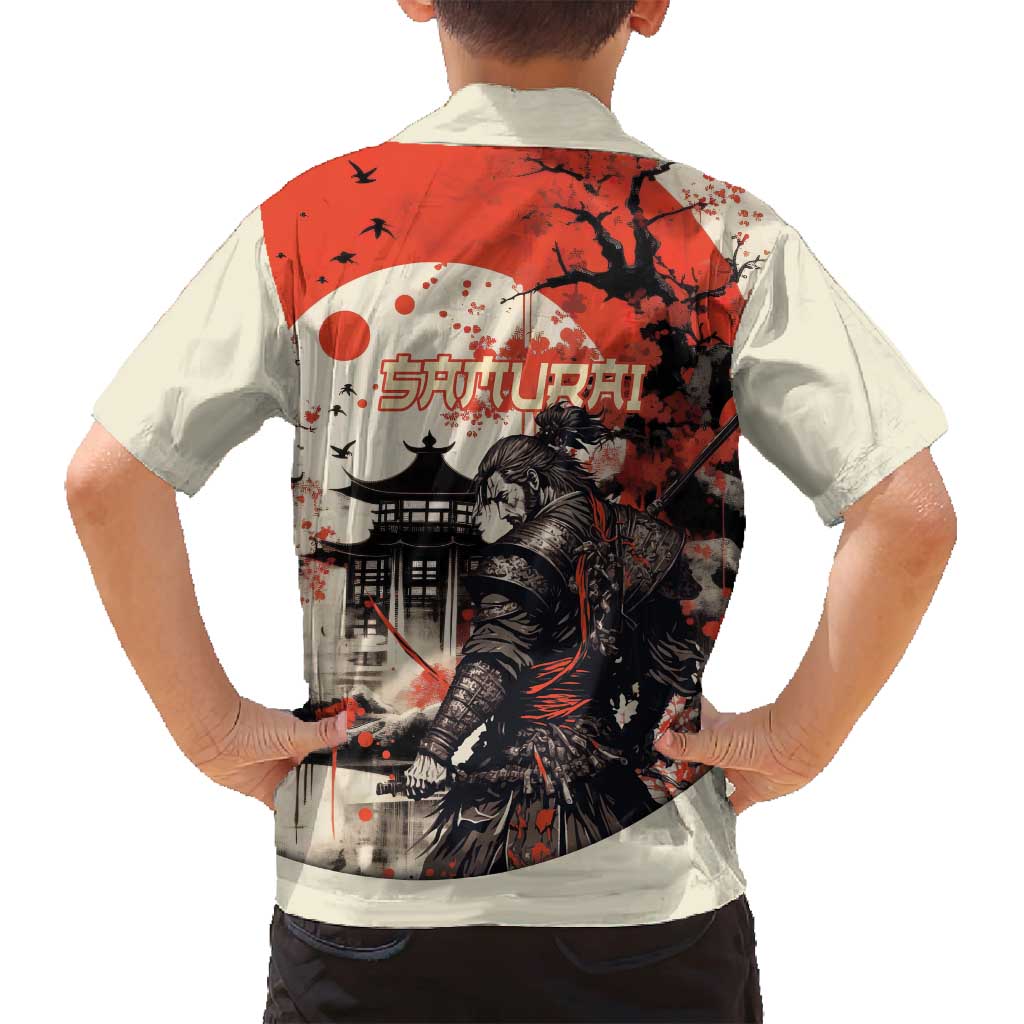 Samurai Warrior Japan Family Matching Off Shoulder Short Dress and Hawaiian Shirt Red-blossomed Tree Classic Japanese Stylized - Polynesian Pride