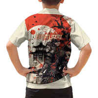 Samurai Warrior Japan Family Matching Off Shoulder Short Dress and Hawaiian Shirt Red-blossomed Tree Classic Japanese Stylized - Polynesian Pride