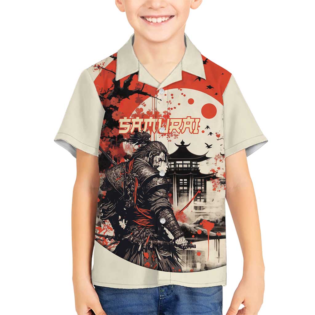 Samurai Warrior Japan Family Matching Off Shoulder Short Dress and Hawaiian Shirt Red-blossomed Tree Classic Japanese Stylized - Polynesian Pride