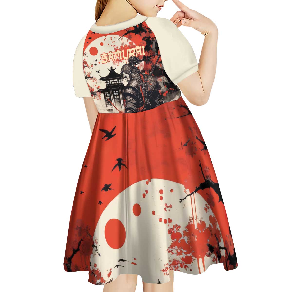 Samurai Warrior Japan Kid Short Sleeve Dress Red-blossomed Tree Classic Japanese Stylized - Polynesian Pride